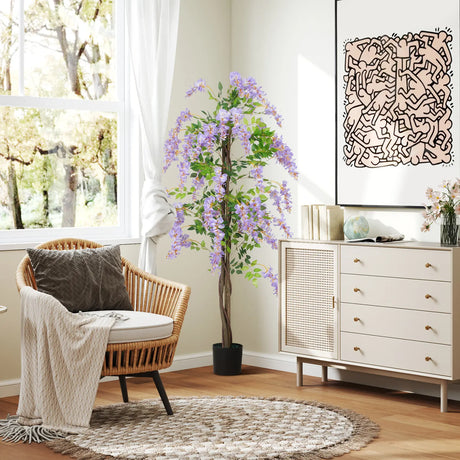HOMCOM 180cm Ficus Artificial Tree, Fake Wisteria Tree in Nursery Pot, Indoor Greenery Tall Faux Floor Plant for Living Room Office Decor, Purple