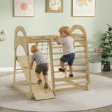 AIYAPLAY 6 in 1 Kids Climbing Frame with Slide, Monkey Bars, Gymnastics Rings, Ladder, Climbing Net, for 3-6 Years, Natural Tone