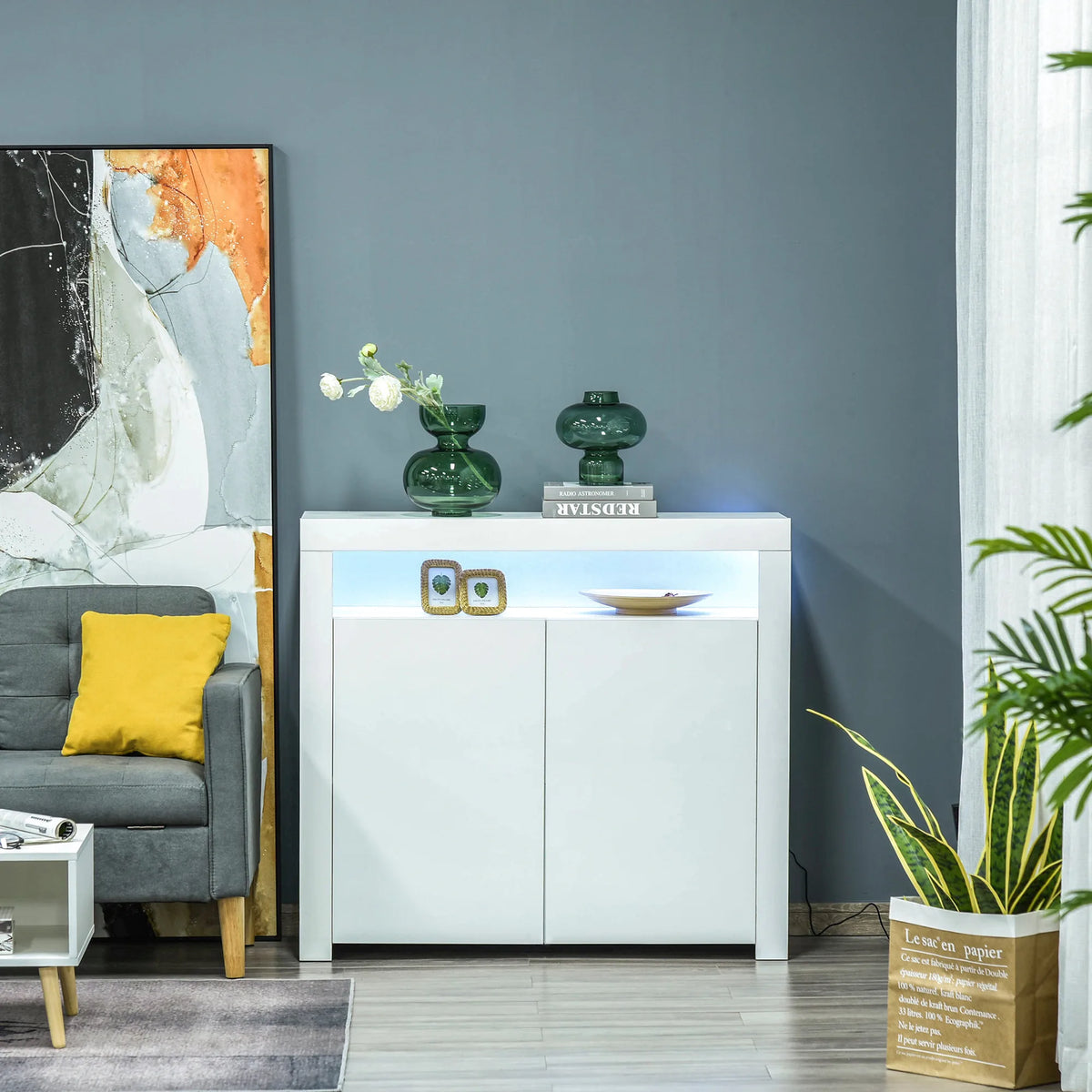 HOMCOM LED Storage Cabinet, Cupboard with High Gloss Front and RGB Lighting, Modern Sideboard for Entryway, Dining Area, Living Room, White