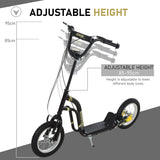 HOMCOM Teen Kids Stunt Scooter w/ Adjustable Handlebar, 12 Inch Rubber Tyres, Dual Brakes, Black