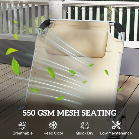 Outsunny Foldable Outdoor Sun Lounger, Reclining Lounge Chair Camping Bed Cot with Pillow 4-Level Adjustable Back Aluminium Frame, Khaki