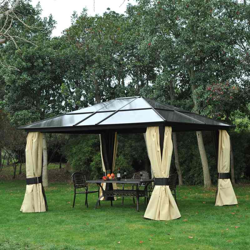 Outsunny 3.6 x 4m Hardtop Gazebo Canopy with Polycarbonate Roof and Aluminium Frame, Garden Pavilion with Mosquito Netting and Curtains