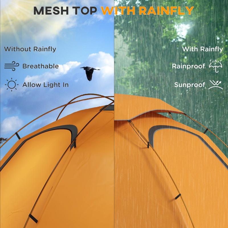 Outsunny Camping Tent with Self Inflatable Mattress, 1 Person Dome Tent with Removable Rainfly and Aluminium Frame, 2000mm Waterproof, Portable with Bags, for Fishing Hiking, Orange/Khaki