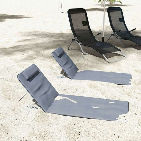 Outsunny Set of 2 Foldable Garden Beach Chair Mat Lightweight Outdoor Sun Lounger Seats Adjustable Back Metal Frame PE Fabric Head Pillow w/ Carry Bag,Grey