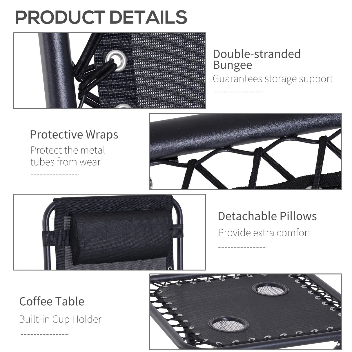 Outsunny Folding Zero Gravity Chairs, 3 Pieces Adjustable Sun Lounger and Table Set with Cup Holder and Headrest, Patio Bistro Set with Reclining Garden Chairs for Outdoor, Black