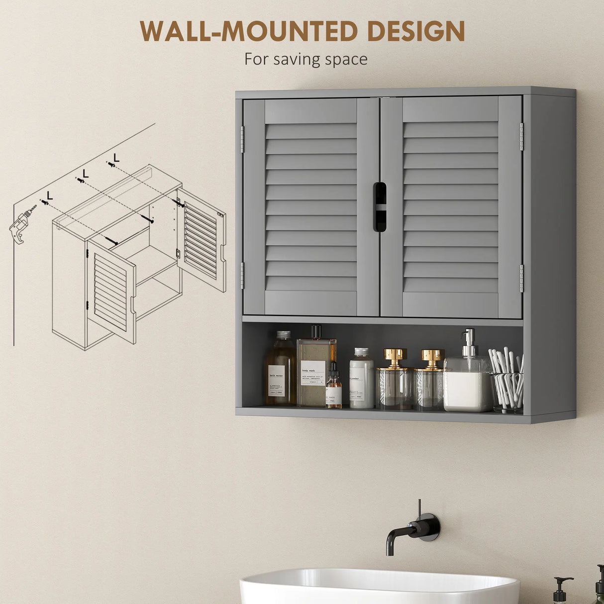 HOMCOM Bathroom Cabinet, Wall Mounted Storage Cabinet with Adjustable Shelves, 60 x 20 x 60 cm, Grey