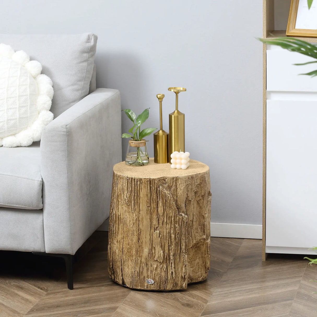 HOMCOM Tree Stump End Table, Round Concrete Side Table for Indoor and Outdoor Use, Natural Wood Effect