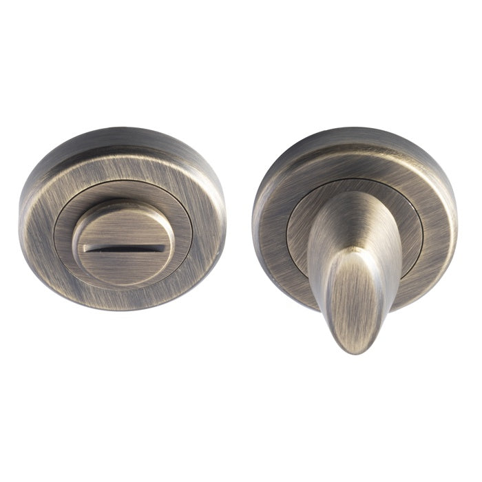 TURN & RELEASE - 5MM SPINDLE - SCREW-ON ROUND ROSE - ANTIQUE BRASS - SET