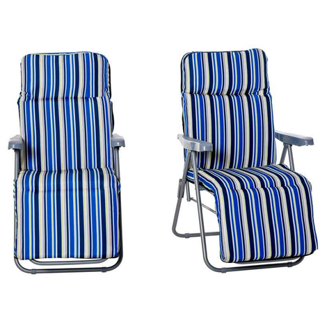 Outsunny Set of 2 Garden Sun Lounger Outdoor Reclining Seat Cushioned Seat Foldable Adjustable Recliner Blue and White