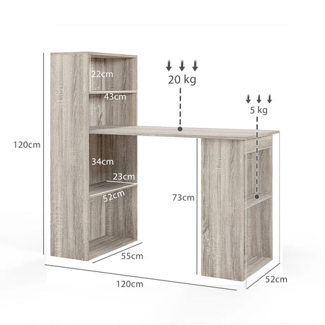 HOMCOM 120cm Computer Desk, Wooden PC Laptop Table with 6-Tier Storage Bookshelves, Home Office Working Study Desk, Writing Workstation, Grey