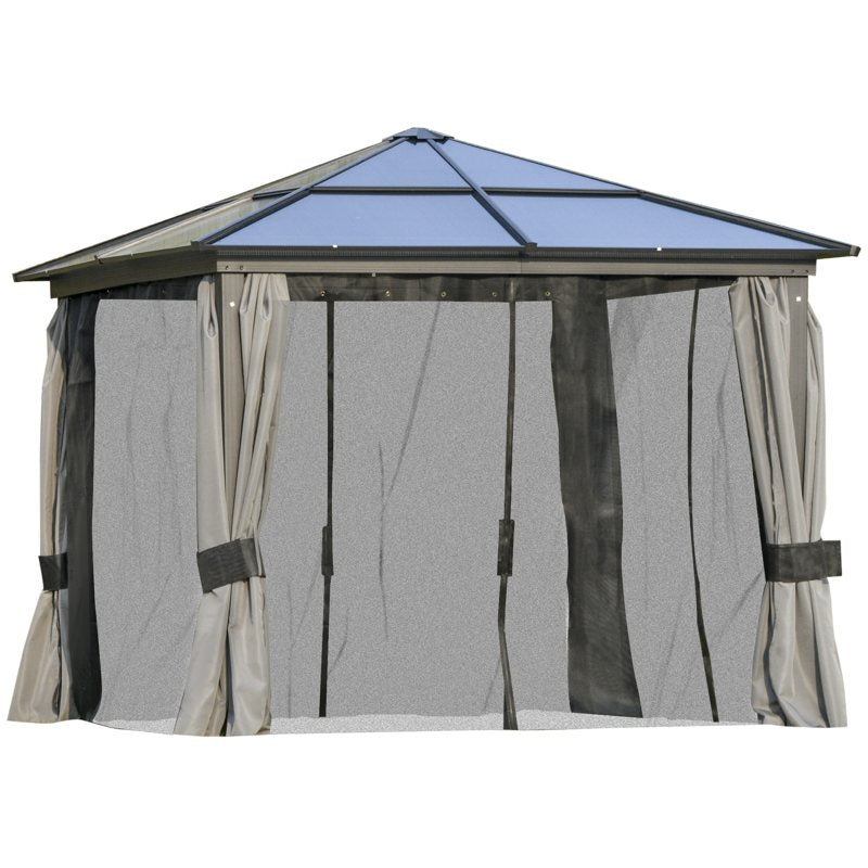 Outsunny 3 x 3(m) Hardtop Gazebo Canopy with Polycarbonate Roof, Aluminium Frame, Permanent Pavilion Garden Gazebo with Netting and Curtains for Patio, Deck, Dark Grey