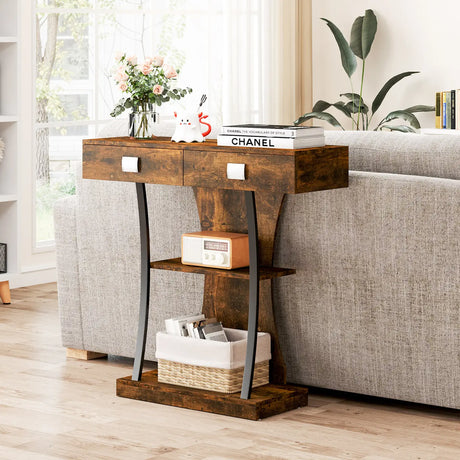 Console Table for Small Spaces with 2 Drawers 2-Tier Shelf, T-Shaped Entryway Table for Study Brown