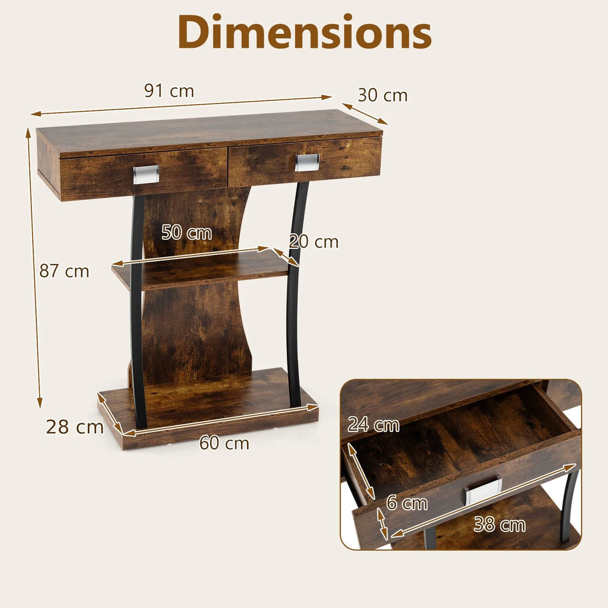 Console Table for Small Spaces with 2 Drawers 2-Tier Shelf, T-Shaped Entryway Table for Study Brown