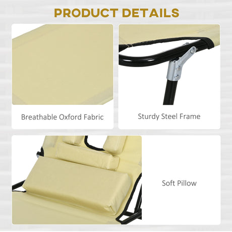 Outsunny Folding Sun Loungers Set of 2 with Face Hole, 4-Position Adjustable Backrest Garden Recliner Chairs Sunbeds, Outdoor Lounge Chairs with 600 D Oxford Cloth Seat, Pillow for Beach, Beige