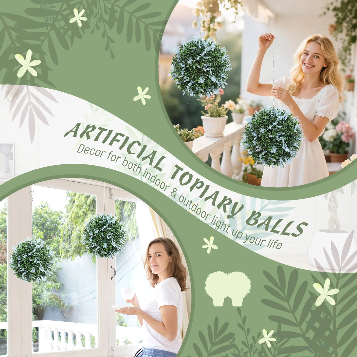 HOMCOM Set of 2 Artificial Plant Topiary Balls, UV-protected Fake Decorative Plants, Blue