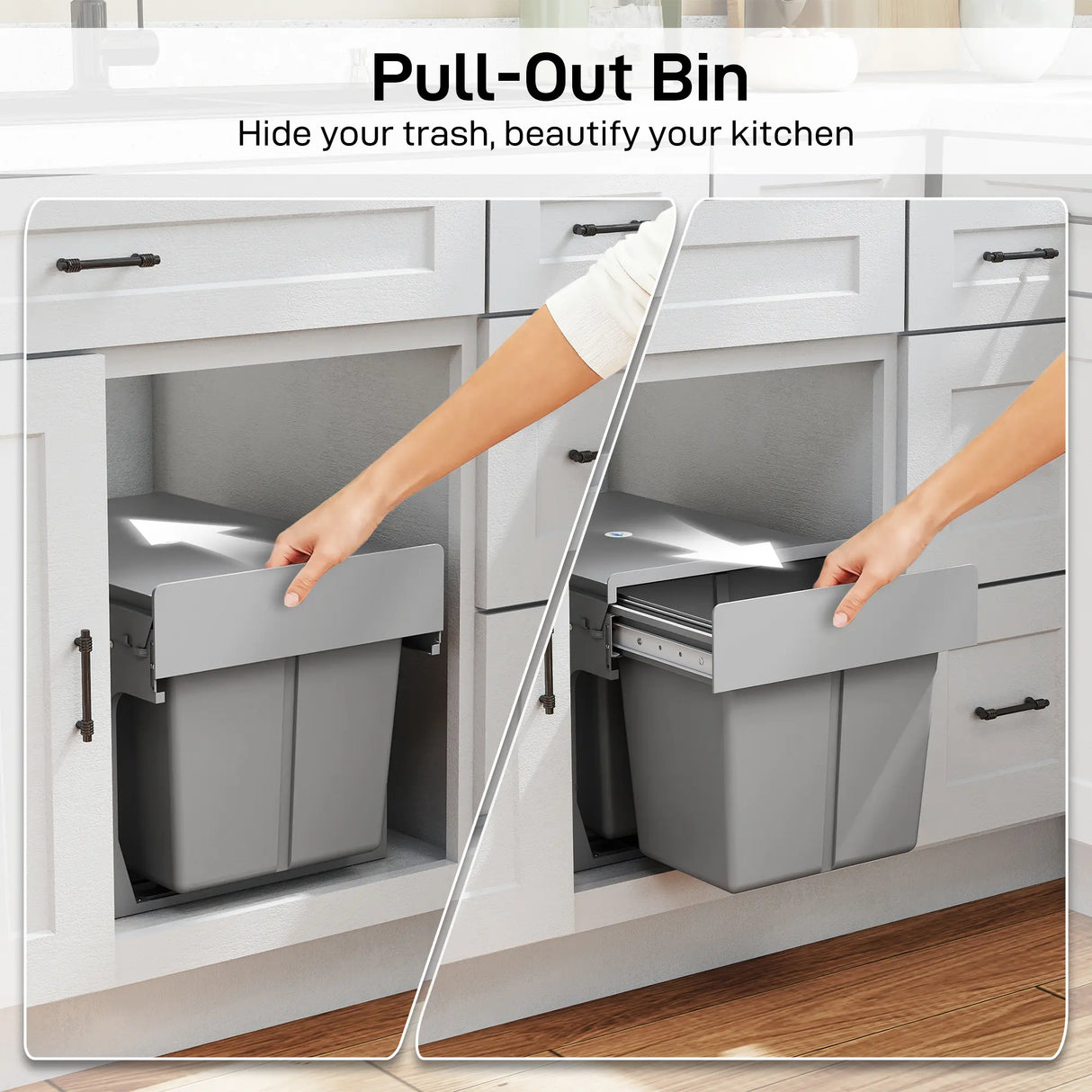 HOMCOM Pull Out Bin, Under Sink Bin - 2 Removable Compartments (15L Each) for 400mm Cabinets, Light Grey