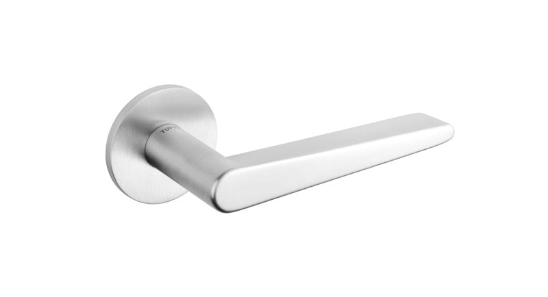 Tupai Rapido 5S Line Torrao Lever Door Handle on 5mm Slimline Round Rose - Satin Chrome - Set