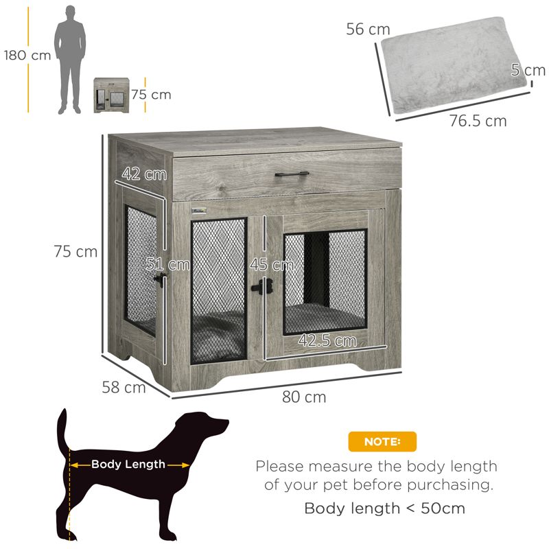 PawHut Dog Cage End Table with Two Doors, Drawer, for Medium Dogs - Grey