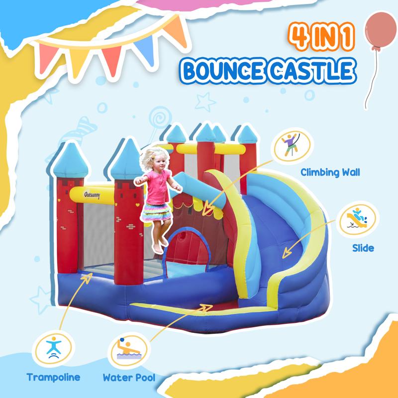 Outsunny Kids Bouncy Castle, with Slide, Pool, Trampoline, Climbing Wall, Blower