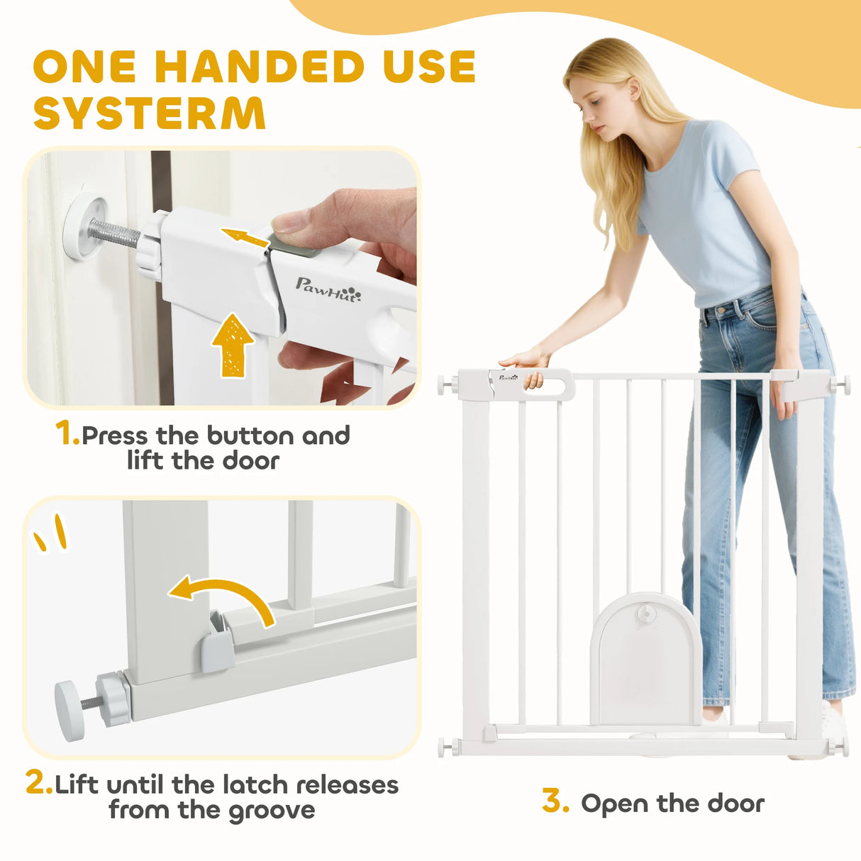 PawHut 75-82cm Pet Safet Gaye, Pressure Fit Stair, with Cat Flap, Double Locking, White