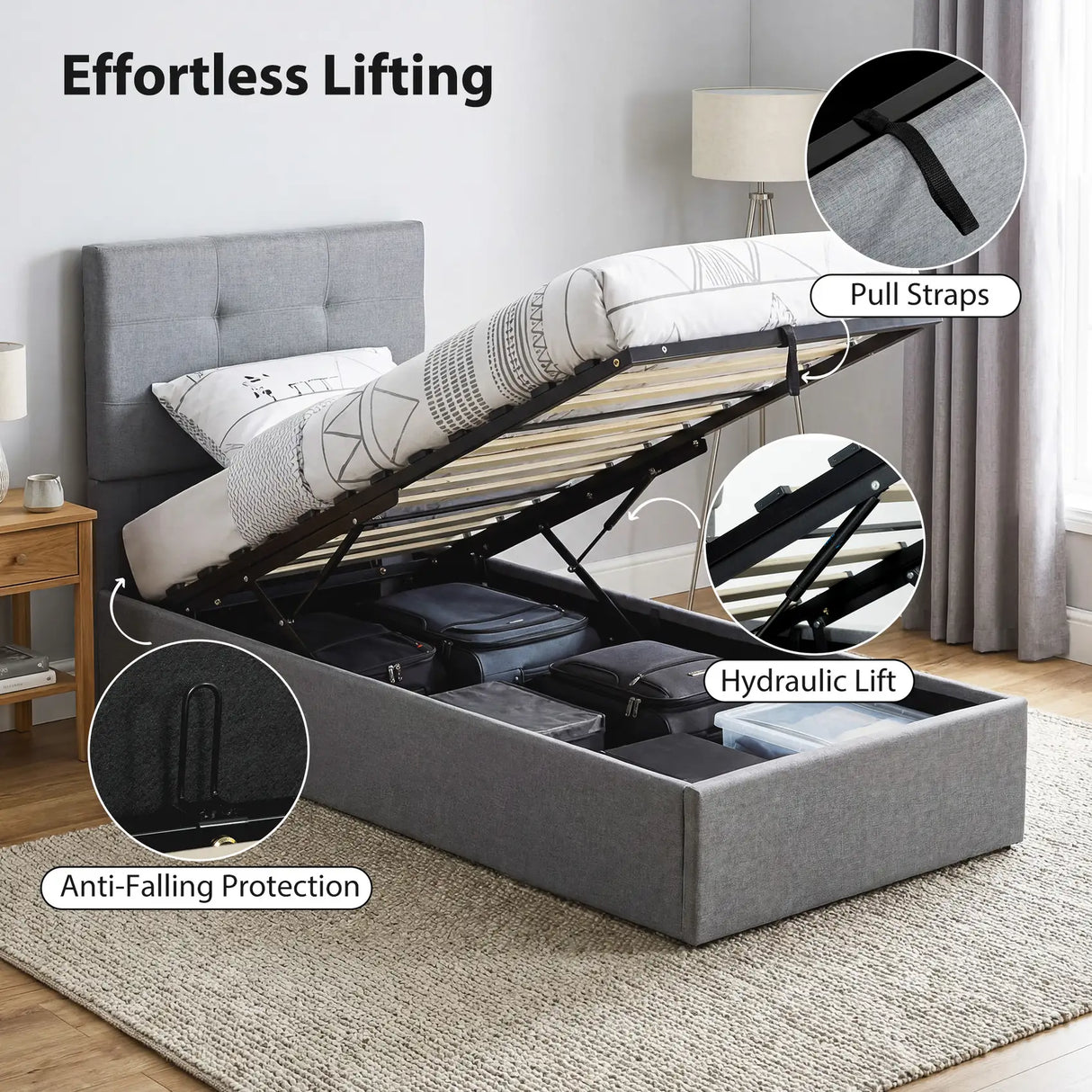 HOMCOM 3ft Single Ottoman Bed with Gas Lift Storage - Grey