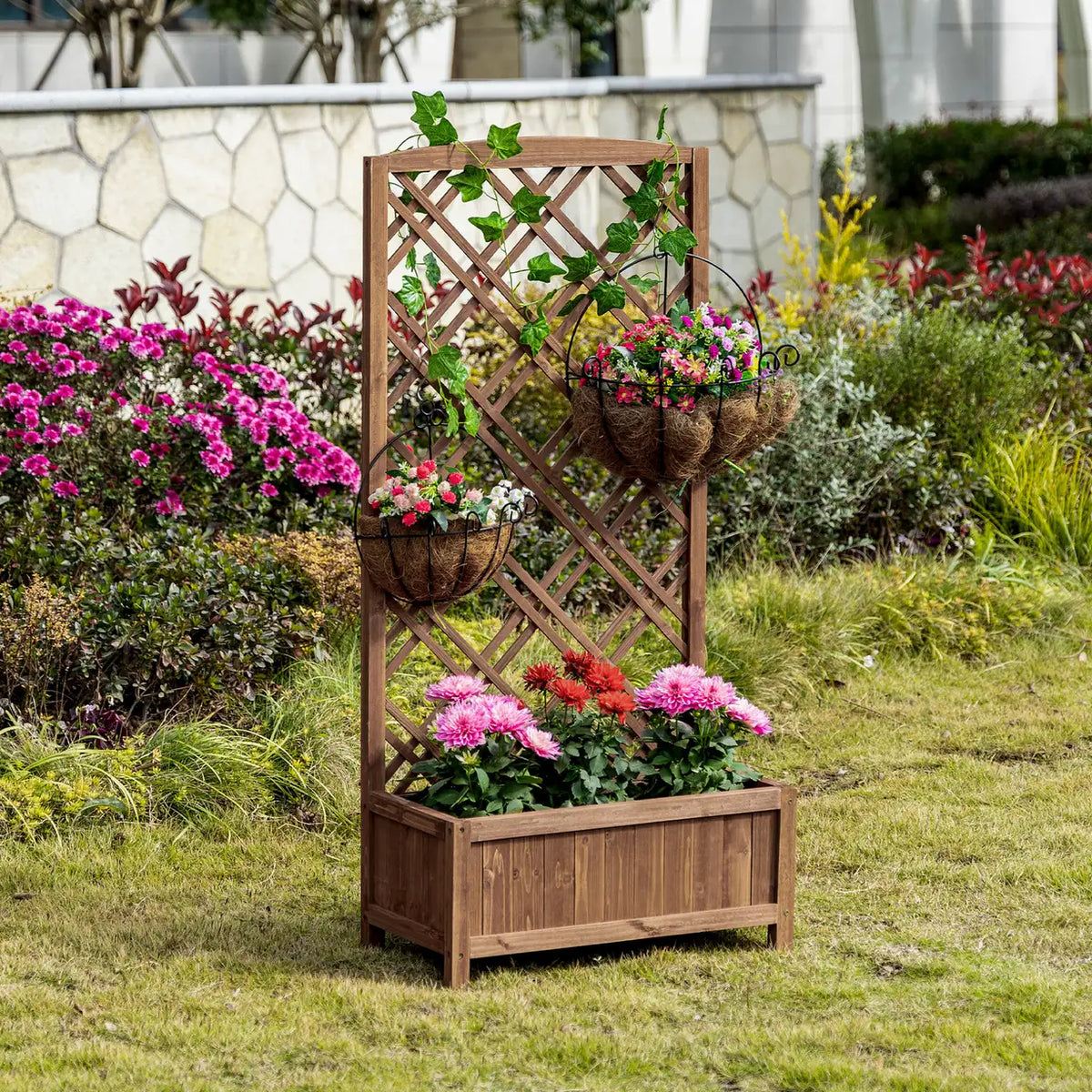 Outsunny Garden Planter with Trellis, Wooden Raised Bed for Garden with Lattice Trellis for Vegetables, Herbs and Flowers, Brown
