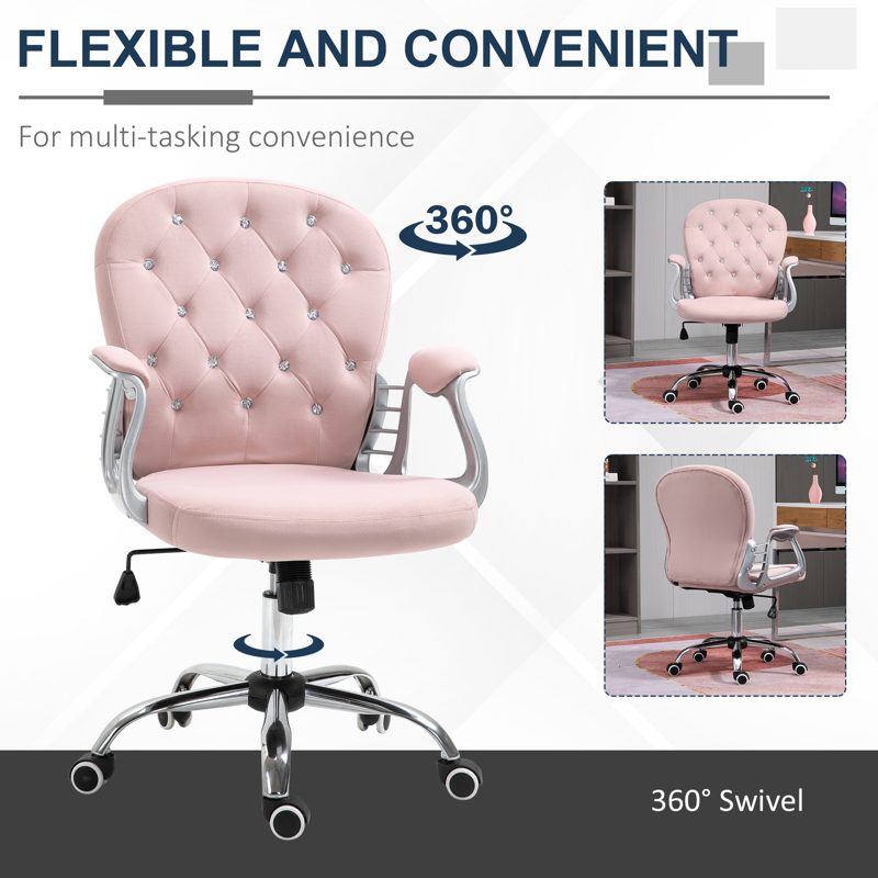 Vinsetto Office Chair, Swivel Desk Chair, Velvet Vanity Chair with Adjustable Height and Rolling Wheels for Home Work Study, Pink