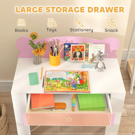 AIYAPLAY Kids Desk and Chair Set with Drawer for Drawing, Reading, Bear Theme Children Furniture for Bedroom, Daycare, Pink