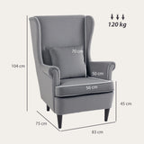HOMCOM Modern Accent Chair, Upholstered Wingback Armchair with High Backrest and Pillow, Velvet-Feel Fabric Reading Chair with Solid Wood Legs for Living Room, Bedroom, Home Office, Dark Grey