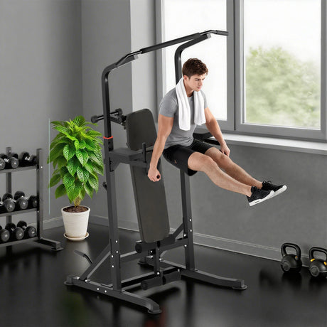 HOMCOM Pull Up Station with Adjustable Weight Bench, Dip Station and Barbell Rack, Multi-Function Power Tower Free Standing Pull Up Bar for Home Gym