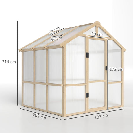 Outsunny 6.6 x 6ft Polycarbonate Greenhouse, Walk-in Wooden Greenhouse with Lockable Door and Window, Garden Plants Grow House, Brown