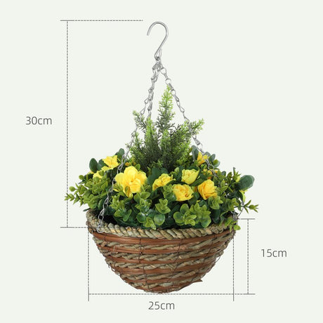 Outsunny Pack of 2 Faux Plant Artificial Lisianthus Flowers Hanging Planter with Basket for Indoor Outdoor Decoration, Yellow