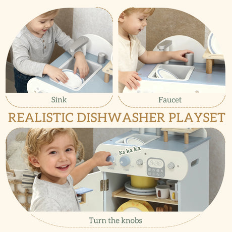 AIYAPLAY Wooden Dishwasher Playset, Kitchen Sink Toys with Faucet, Sink and Accessories, Gift for Boys Girls Toddlers
