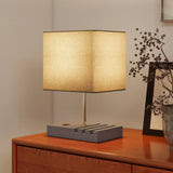 HOMCOM Bedside Lamp with USB A+C Charging Ports and 3 Phone Stands, Modern Table Lamp with Solid Wood Base and Fabric Shade for Bedroom Living Room Office, E27 Socket, Bulb Not Included, Grey