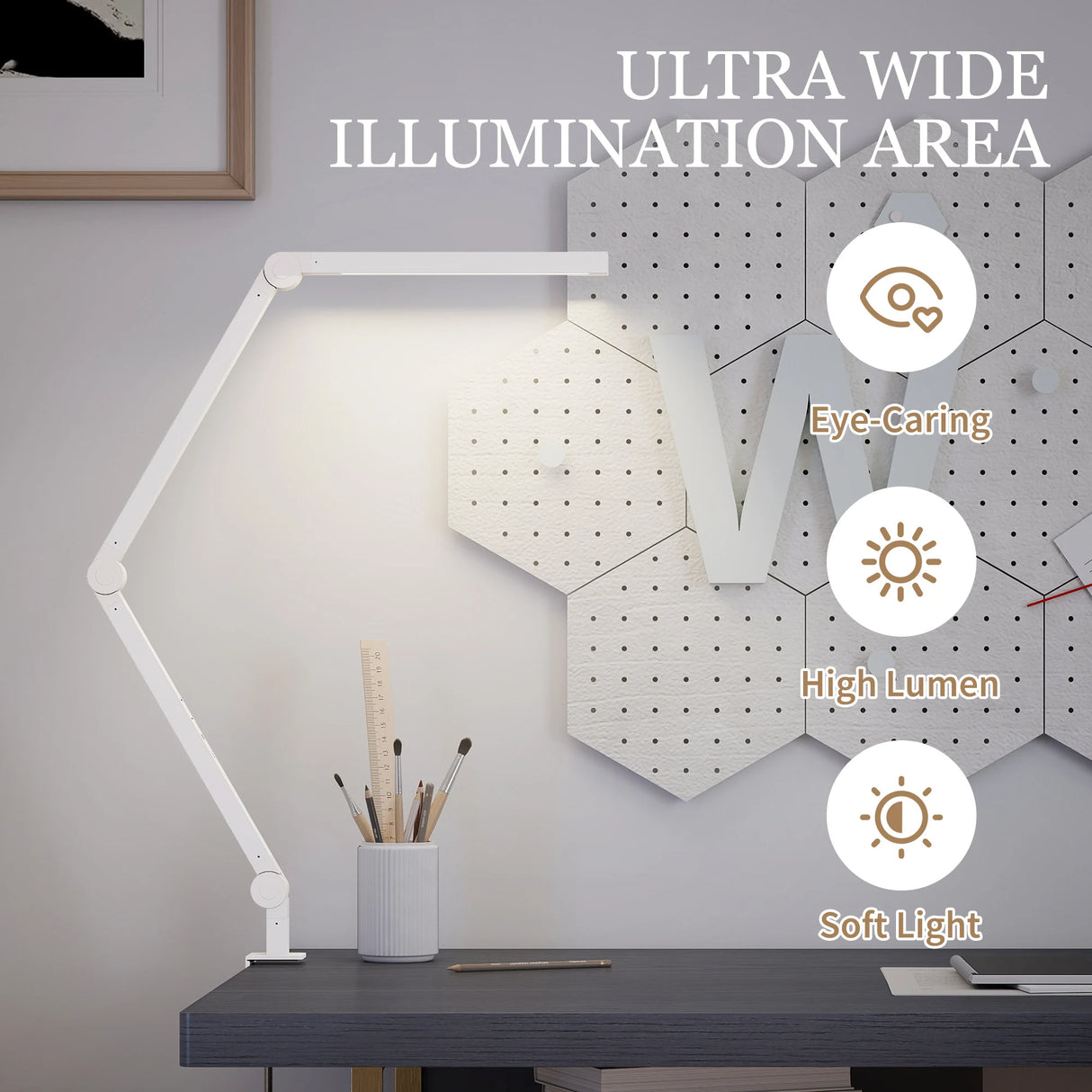 HOMCOM LED Desk Lamp, Dimmable Desk Light with Swing Arm and Clamp, Adjustable Eye-Caring Table Lamp with 2 Colour Modes & 5 Brightness Levels for Study, Drawing, Office, Architect, Task, White