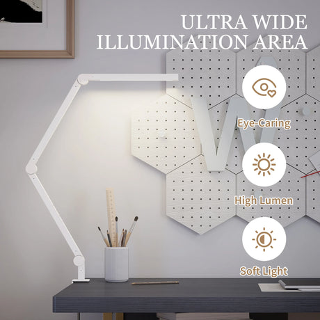 HOMCOM LED Desk Lamp, Dimmable Desk Light with Swing Arm and Clamp, Adjustable Eye-Caring Table Lamp with 2 Colour Modes & 5 Brightness Levels for Study, Drawing, Office, Architect, Task, White