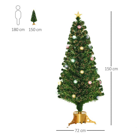 HOMCOM 5FT Prelit Artificial Christmas Tree with Fibre Optics, Baubles Decoration, Golden Pot for Holiday, Home - Green