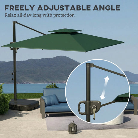 Outsunny Cantilever Parasol with Weighted Base Double Top Garden Parasol Square Hanging Patio Umbrella with Crank Tilt Dark Green