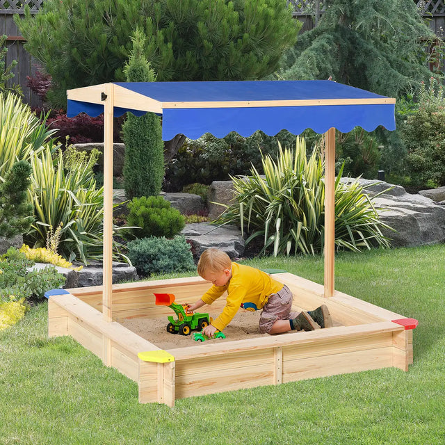 Outsunny Kids Wooden Sand Pit Sandbox Children Square Outdoor Playset Adjustable Canopy Bench Seat 120x120x120cm