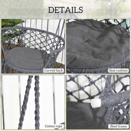 Outsunny Outdoor Hanging Rope Chair with Cotton Rope, Cotton-Polyester Blend Macrame Garden Hammock Chair with Seat Cushion, Support Backrest, for Patio, Garden, Porch, Dark Grey