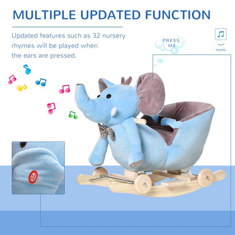 HOMCOM 2 In 1 Plush Baby Ride on Rocking Horse Elephant Rocker with Wheels Wooden Toy for Kids 32 Songs for 18+ Months (Blue)