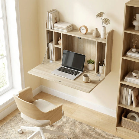 HOMCOM Wall Mounted Desk, Drop Leaf Floating Laptop Desk with Space Saving Storage Compartments for Home Office, Oak