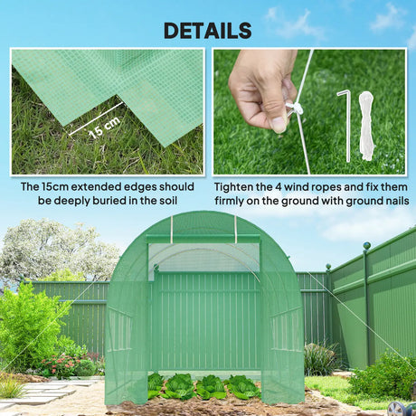 Outsunny 3.5 x 2m Walk-In Polytunnel Greenhouse, with Steel Frame, PE Cover, Roll-Up Door and 6 Windows, Green