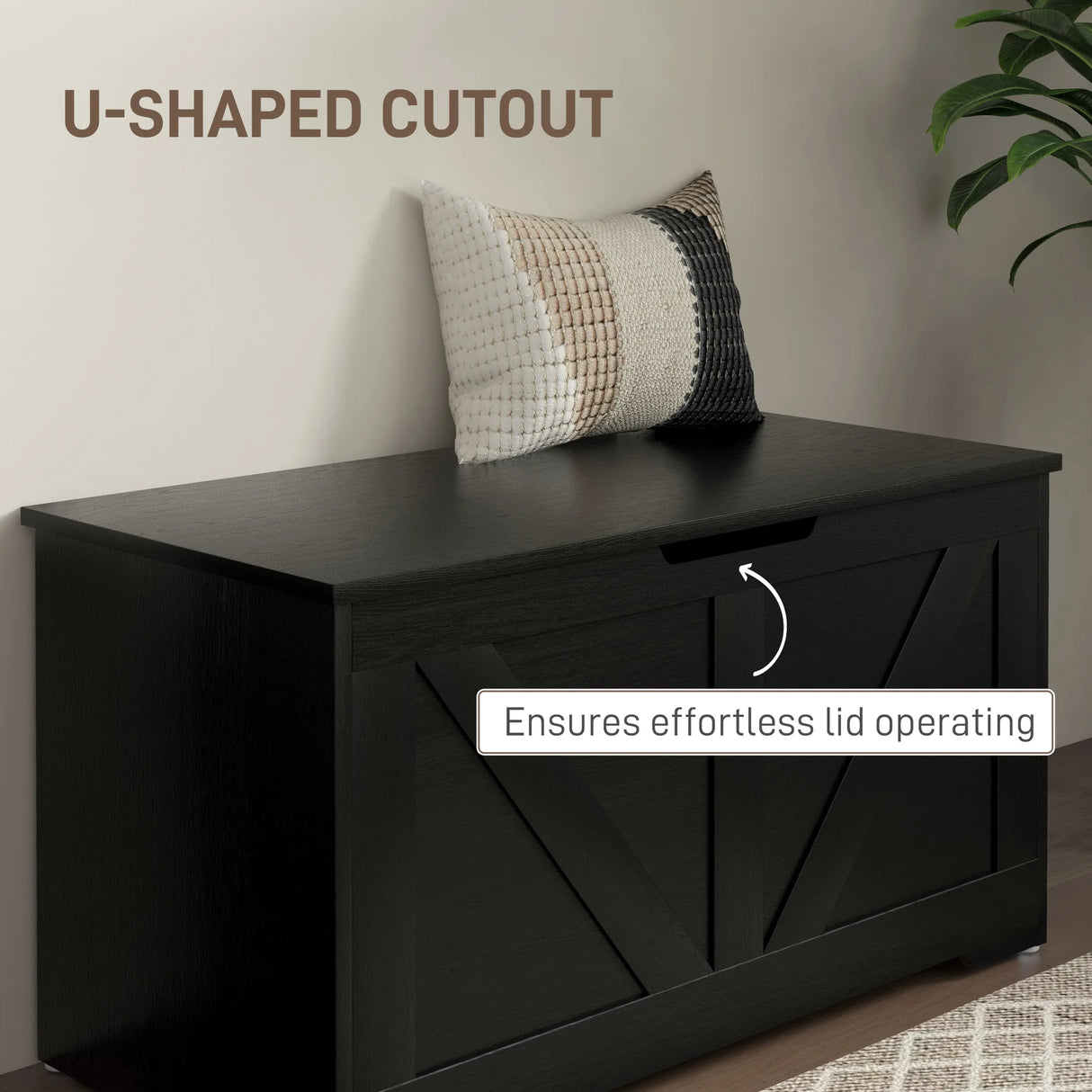 HOMCOM 100L Home Storage Box, with Safety Hinges - Black Wood-Effect