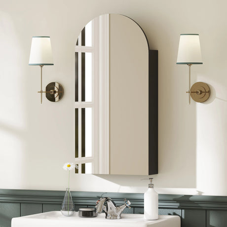 HOMCOM Arched Bathroom Mirror Cabinet with Adjustable Glass Shelves - Black