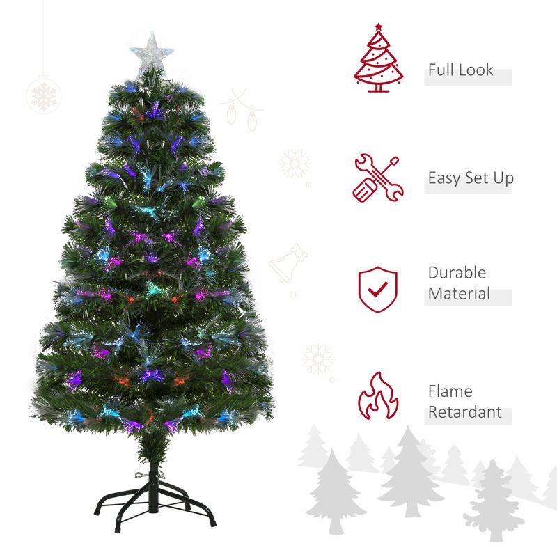 HOMCOM 4FT Multicoloured Artificial Christmas Tree w/ Fibre Optic Lights Pre-Lit Modes Metal Stand Star Holder Home Seasonal Decoration