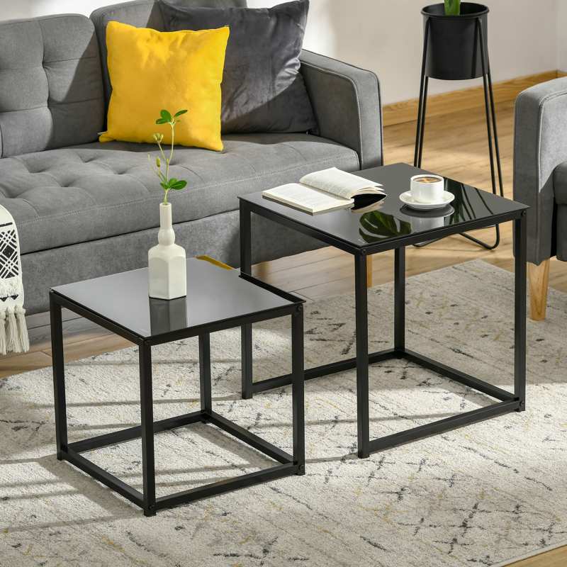 HOMCOM Nest of Tables, Set of 2 Coffee Table, Side Tables with Tempered Glass Desktop and Metal Frame for Living Room, Bedroom, Office, Black