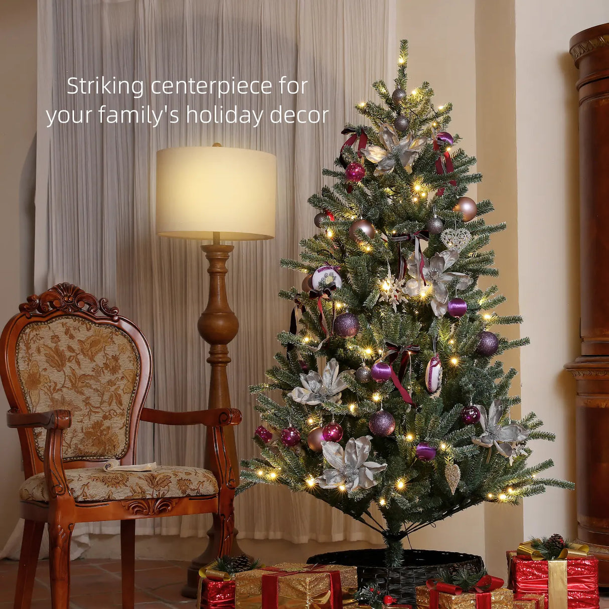 HOMCOM 6ft Artificial Christmas Tree, with Purple Decorations and Lights