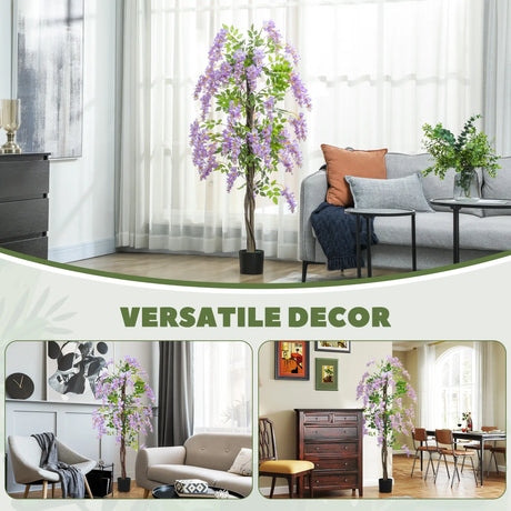 HOMCOM 180cm Ficus Artificial Tree, Fake Wisteria Tree in Nursery Pot, Indoor Greenery Tall Faux Floor Plant for Living Room Office Decor, Purple