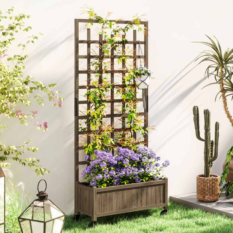 Outsunny Wooden Trellis Planter, Raised Garden Bed with Wheels and Bed Liner, to Climb and Grow Vegetables, Herbs and Flowers